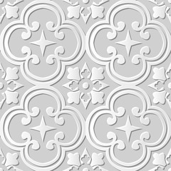 Seamless 3D white paper cut art background 411 round curve cross flower kaleidoscope