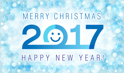 Merry Christmas and Happy New Year 2017 smiling face card. The logo of 2017 on abstract background with snowflakes.