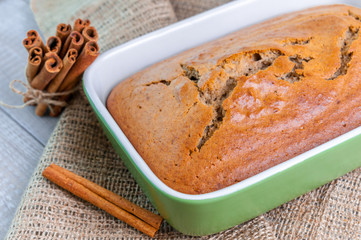 homemade cinnamon loaf cake in the ceramic baking dish