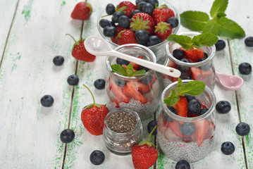 Chia pudding with strawberries and blueberries