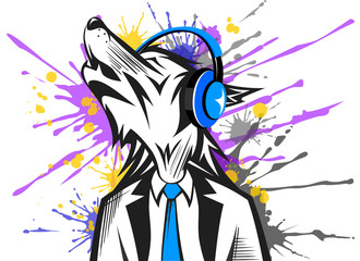 Fototapeta na wymiar Hand drawn hipster wolf color with headphones