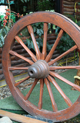 Vintage wooden cart wheel on green.