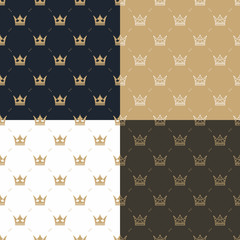 Set seamless pattern in retro style with a white and gold crown on a blue, gold, white and brown background. Can be used for wallpaper, pattern fills, web page background,surface textures. Vector