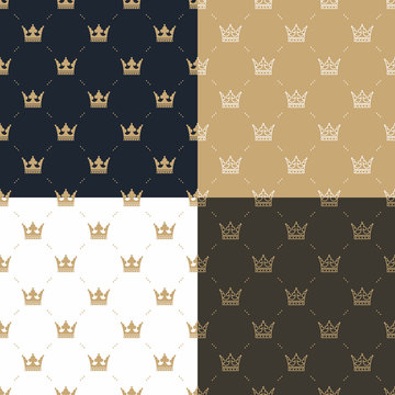 Set seamless pattern in retro style with a white and gold crown on a blue, gold, white and brown background. Can be used for wallpaper, pattern fills, web page background,surface textures. Vector