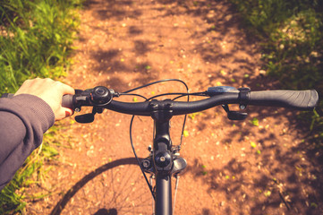 Fototapeta na wymiar Hand an Fahrradlenker auf einem Radweg in der Natur