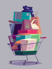 Big full shopping cart. Vector illustration.