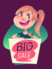 Girl with a big sale banner. Vector illustration.
