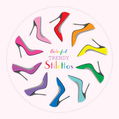 Circle arrangement of colorful sexy stilettos high heels set on light pink background