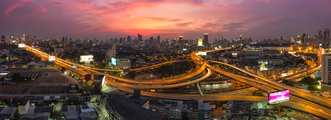 Fototapeta na wymiar Bangkok Expressway and Highway top view, Night scene with traffi