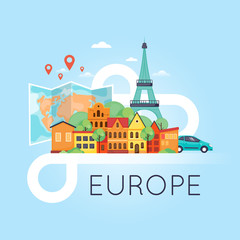 Obraz na płótnie Canvas World Travel. Travel by car. Planning summer vacations. Summer holiday. Tourism and vacation theme. Euro-trip. Flat design vector illustration.