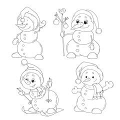 Set of cute snowmen characters coloring book. Christmas, New Year. Vector