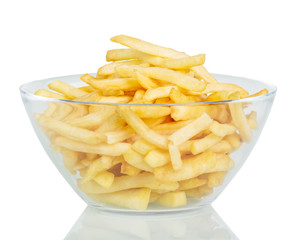 French fries in  glass bowl isolated on white background.