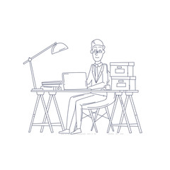 Thin line man sitting at the table and working on the computer. Business, office work, workplace. Flat design vector illustration.