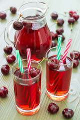 2 cherry juices. Two glasses of cherry juice with straws in the foreground and in the background a jar full of cherry juice. Vertical. Daylight.