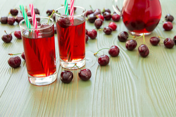Two glasses of cherry juice and empty space. Left 2 glasses of juice with straws, scattered cherries, jar of cherry juice, on right empty space for text on green background. Horizontal. Daylight.
