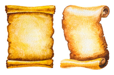 set of old scrolls isolated on white. hand painted watercolor