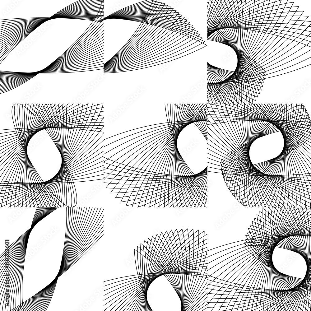Fototapete set of 9 element with rotating, radiating lines.