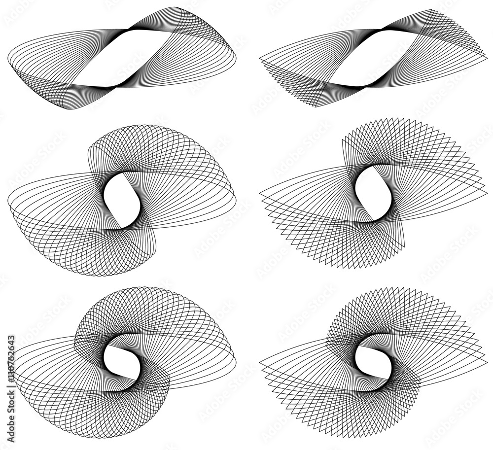 Poster set of 9 element with rotating, radiating lines.