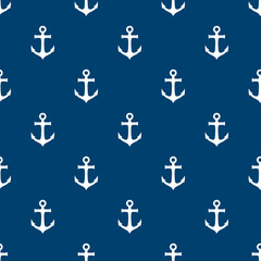 Vector seamless pattern with white anchors on a blue background.