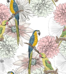 Vectorschets van een papegaai met bloemen. Handgetekende illustratie