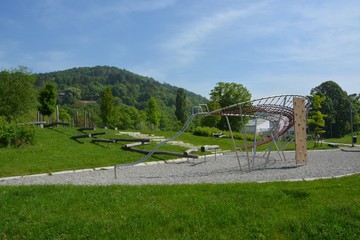 playground in Lahr Germany, heart clinic and the Black Forest in the background