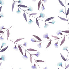 Seamless floral pattern with the abstract watercolor purple and blue branches with flowers, hand drawn on a white background
