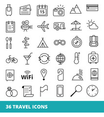Naklejka premium Set of linear vector web icons on a theme Travel and Tourism