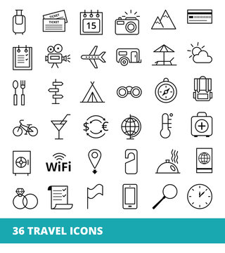 Set of linear vector web icons on a theme Travel and Tourism