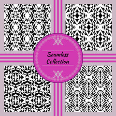 Vector seamless texture. Set of tribal black and white decorative patterns for design. Aztec ornamental style