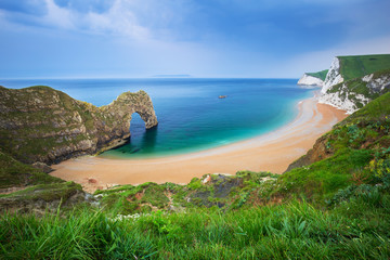 Durdle Door and the beach on the Jurassic Coast of Dorset, UK