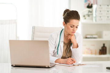 Thoughtful female doctor sitting at a desk in the office