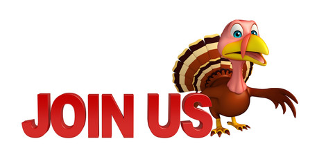 cute Turkey  cartoon character with join us sign