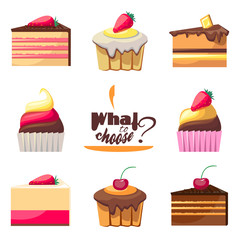 Set of delicious biscuits. Yummy cupcakes, donuts and muffins.