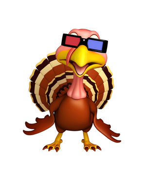 fun Turkey  cartoon character with 3D gogal