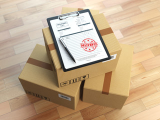 Box, pen, clipboard with receiving form and stamp delivered isol