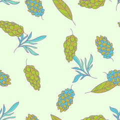 Forest. seamless pattern with herbs and cones