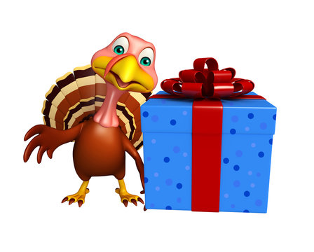 fun Turkey cartoon character with giftbox