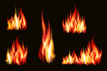 Fire flame strokes realistic isolated on black background vector illustration