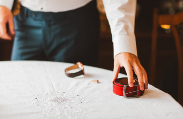 Set of groom clothes. Wedding rings, shoes, cufflinks and bow tie detalis fashion