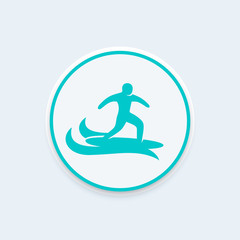 Surfer icon, surfing vector sign, man on surfing board icon on round shape, vector illustration