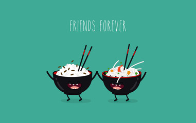 Funny rice noodles and rice in black plates. Friend forever. Vector illustration. Comic character - 110771832
