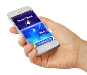 Smart home app installing on phone in hand. Smart home control concept.