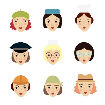 Set of women characters in different roles. Women's heads. Women's profession. Doctor, engineer, teacher, scientist, waitress, police, farmer, painter, cook, stewardess, builder, artist.