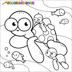 Sea turtles and fish swimming underwater. Vector black and white coloring page.	
