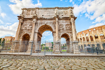 The spectacular Arch of Constantine, located between the Colosseum and the Arch of Titus on the...