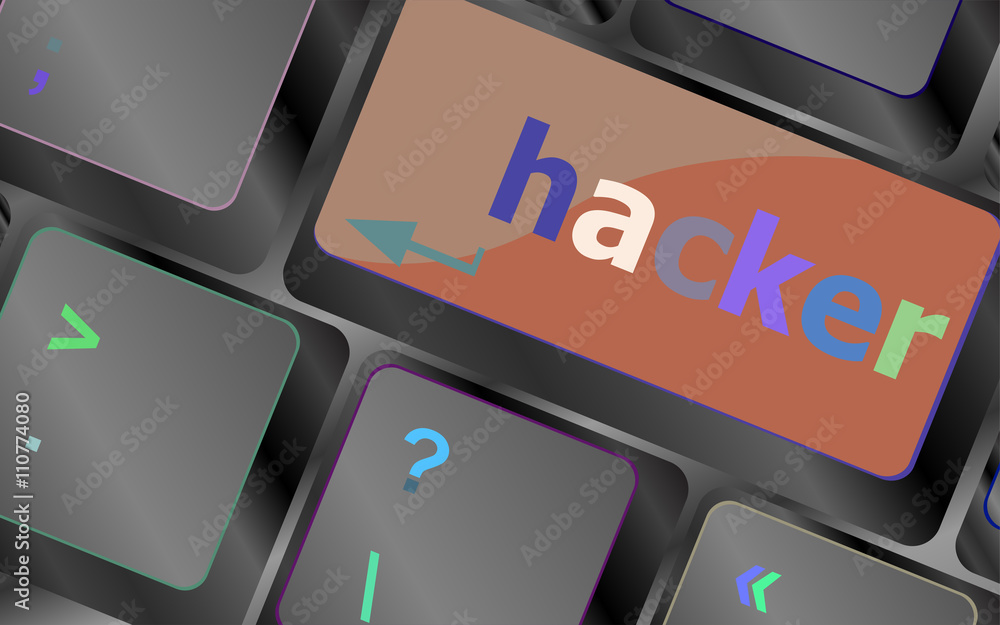 Poster hacker word on keyboard, attack, internet terrorism concept vector keyboard key. keyboard button. ve