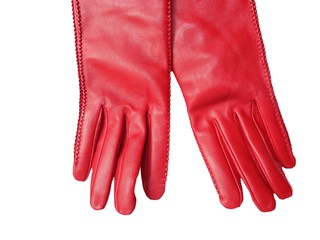Red leather women's gloves isolated on white background