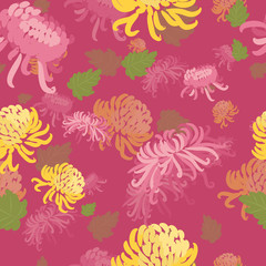 Elegant seamless pattern with hand drawn decorative flowers in pink and yellow chrysanthemums