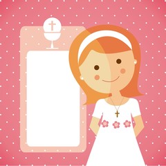 Primera comunión. Niña con vestido blanco sobre fondo rojo