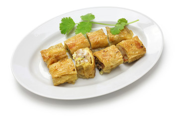 fried shrimp tofu ( bean curd ) skin rolls, chinese dim sum food